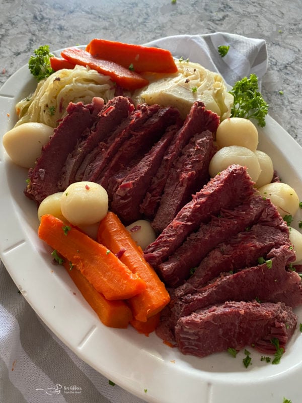Rapid Pot Corned Beef & Cabbage Dinner white platter  Corned Beef and Cabbage Dinner in the Crock Pot Instant Pot Corned Beef Cabbage Dinner 600x800