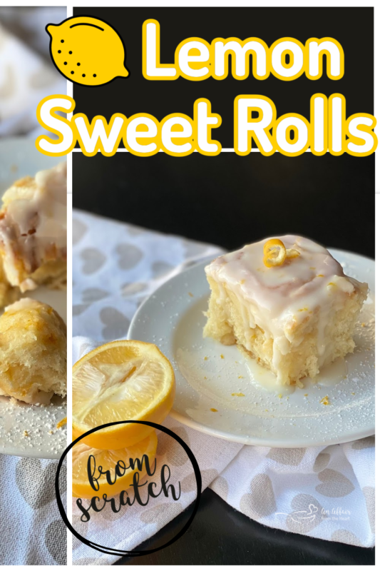 Front view of lemon sweet rolls with text