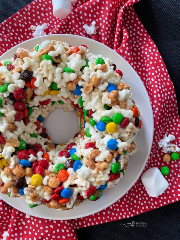 Popcorn Cake top view red and white polka dot background