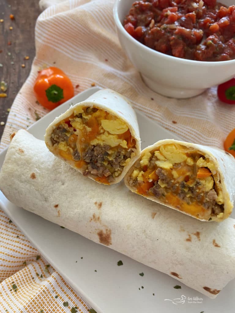 Breakfast Burrito cut in half to show inside