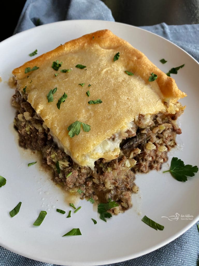 Square of Runza Casserole on a white plate