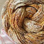 Top view of Russian rose bread with powdered sugar