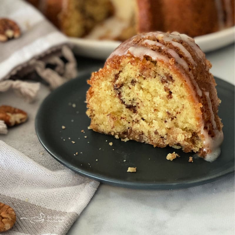 Slice of Sour Cream Coffee Cake up close