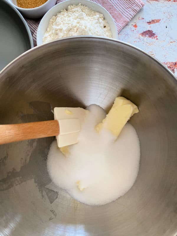 Top view of sugar and butter in bowl