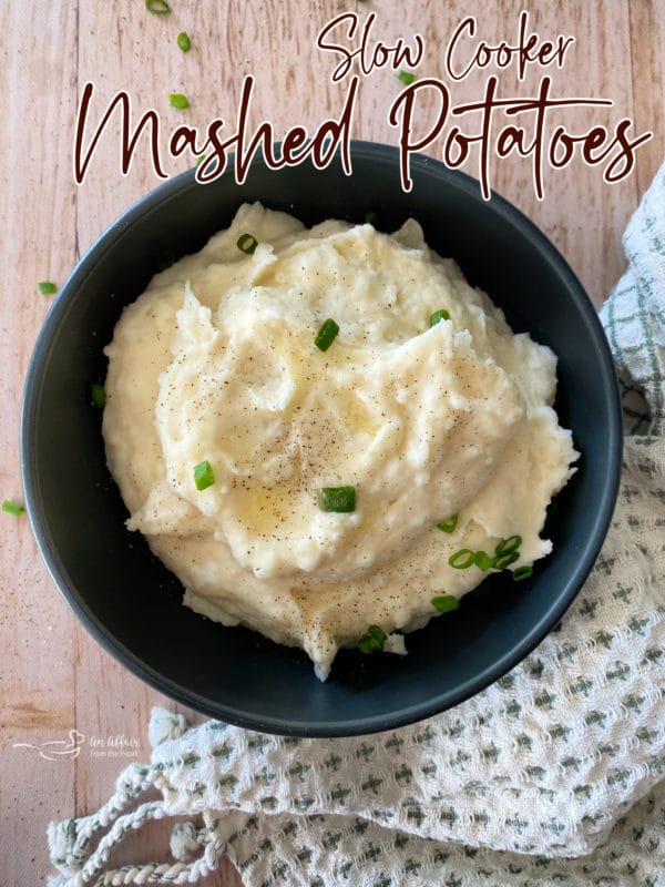 Top view of mashed potatoes with text