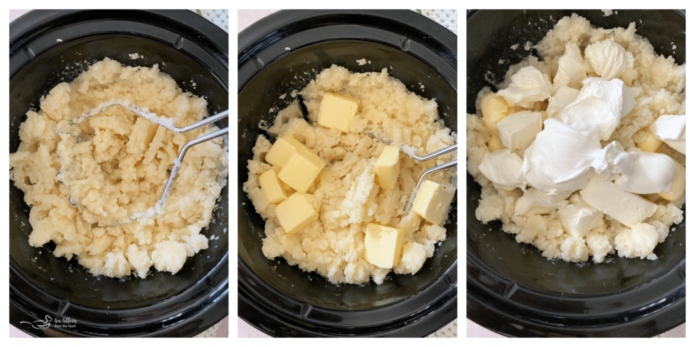 Potatoes being mashed with masher in Crokpot with sour cream and butter