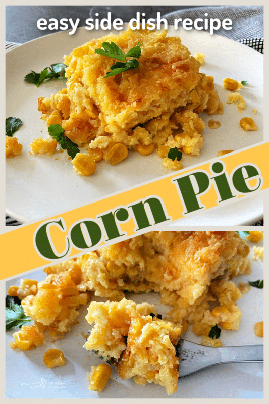 Corn pie pudding on white plate with text