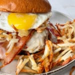 Hangover Burger plated with shredded hashbrowns