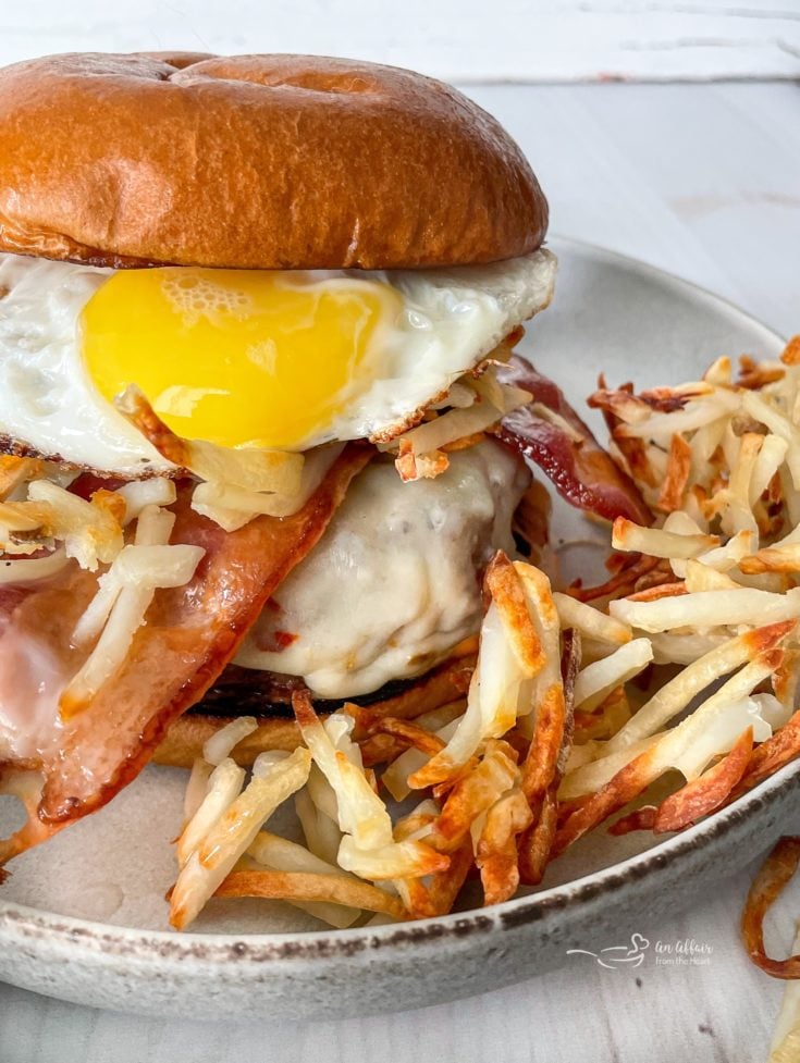 Hangover Burger plated with shredded hashbrowns