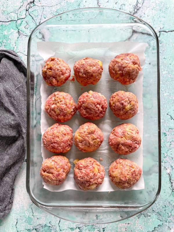 Top view of ham balls in dish