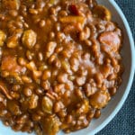 Meat Lovers Baked Beans white bowl