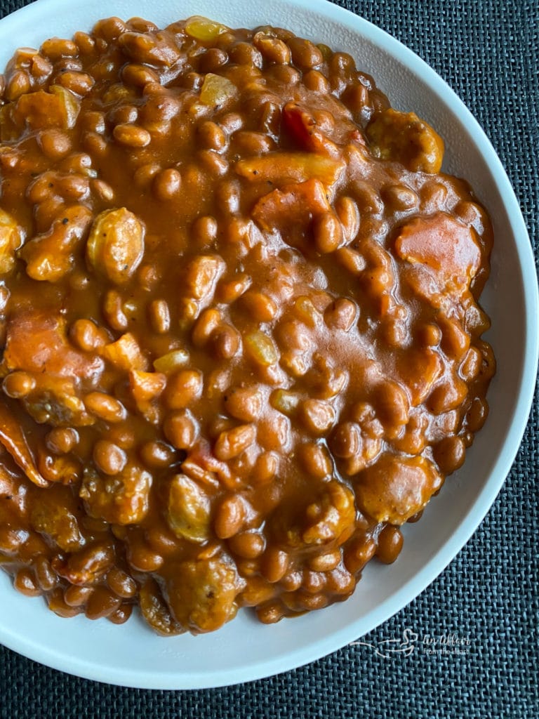 Meat Lovers Baked Beans white bowl