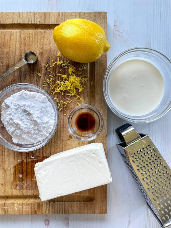 sugar, lemon, vanilla extract, cream cheese, cheese grater for no bake fruit tart