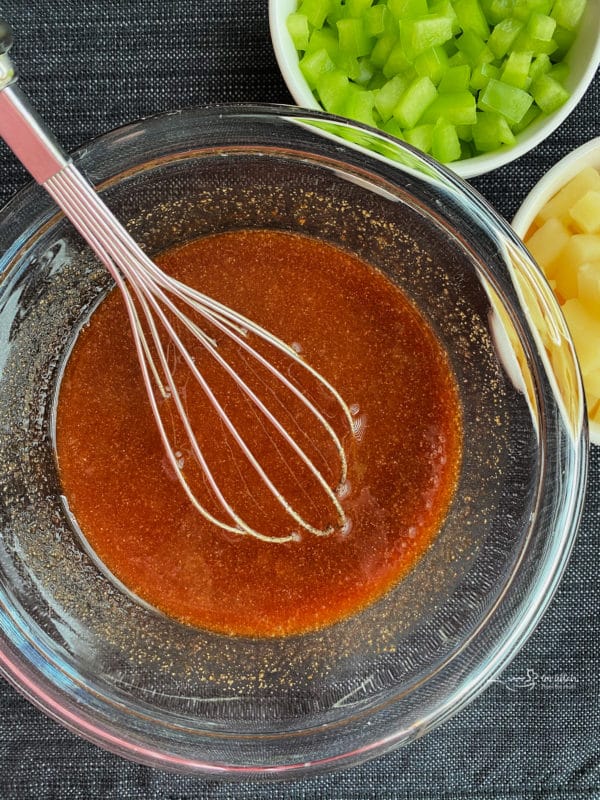 bowl of sauce for sweet & sour chicken