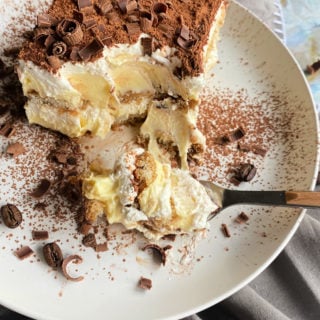 tiramisu on a white plate