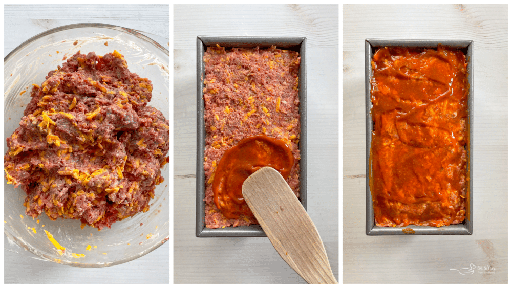 mixing meatloaf in bowl and transferring to baking dish and topping with ketchup and mustard sauce