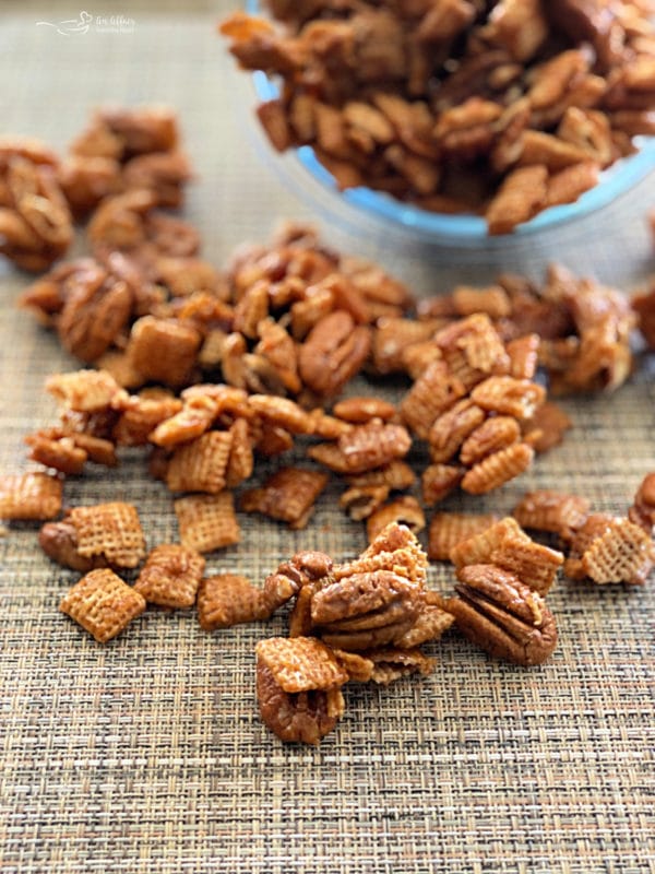 front view of caramel pecan clusters on surface