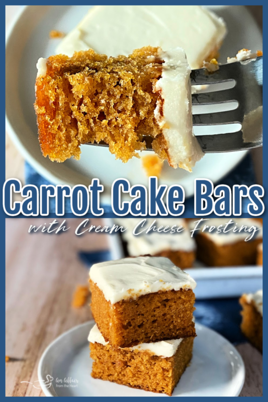 two images of carrot cake bars with cream cheese frosting with text