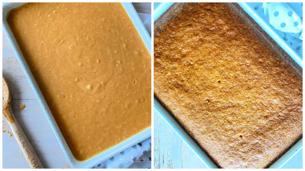 pouring cake batter in pan and then baked carrot cake