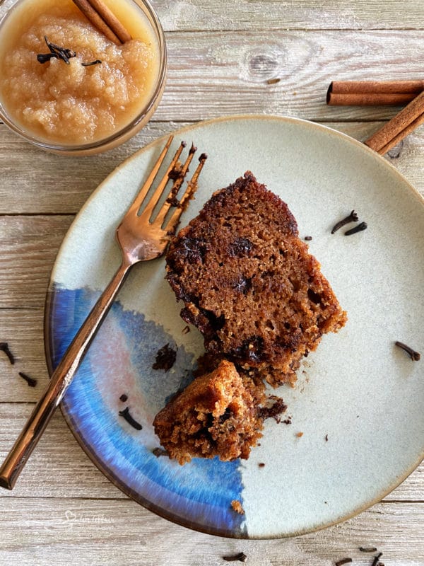 one plate of applesauce bread with fork