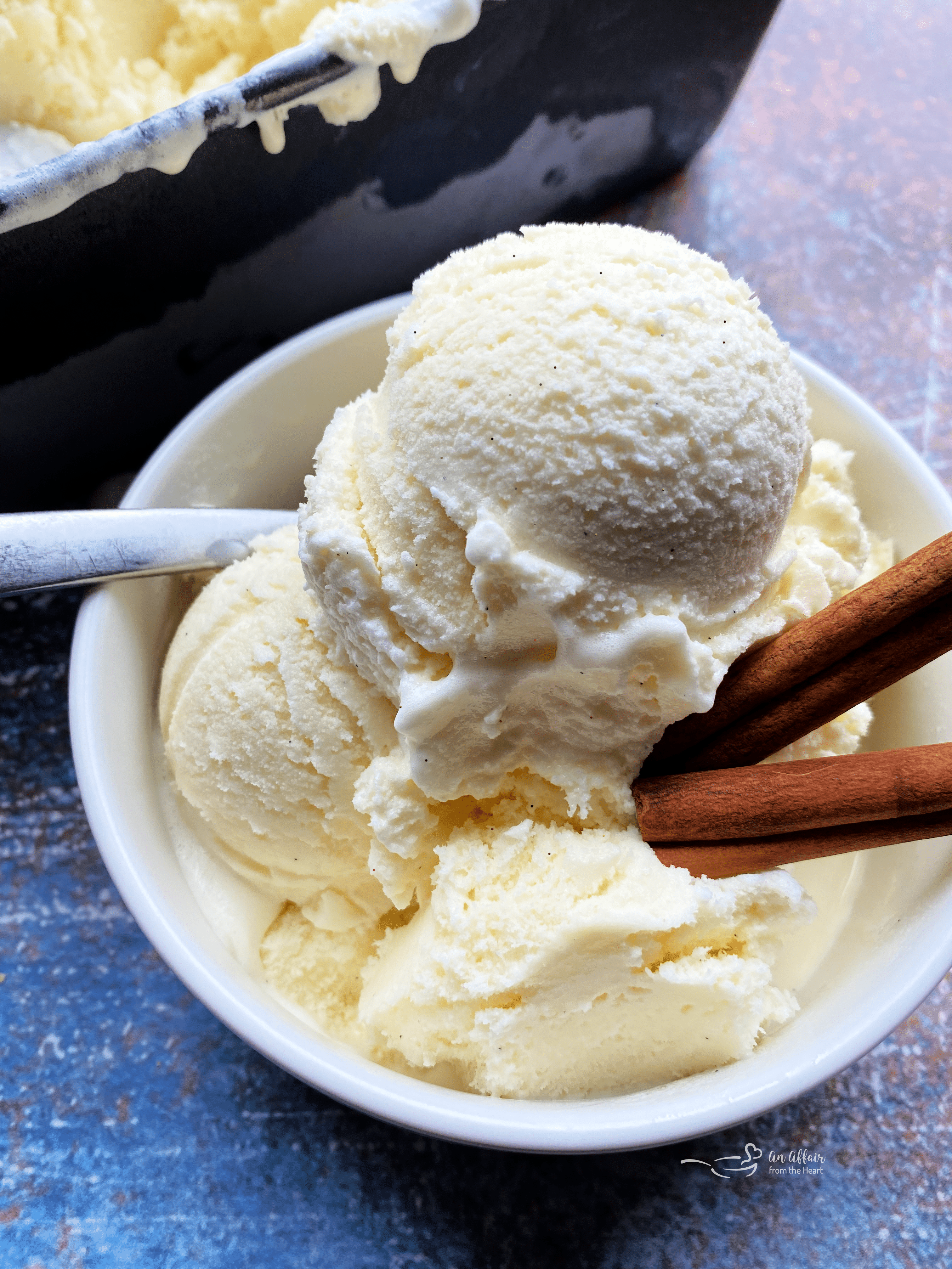 Homemade Cinnamon Vanilla Ice Cream in bowl with cinnamon sticks