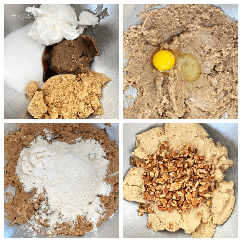 combing sugars with shortening, eggs with flour, dry ingredients with wet ingredients, and adding the pecans