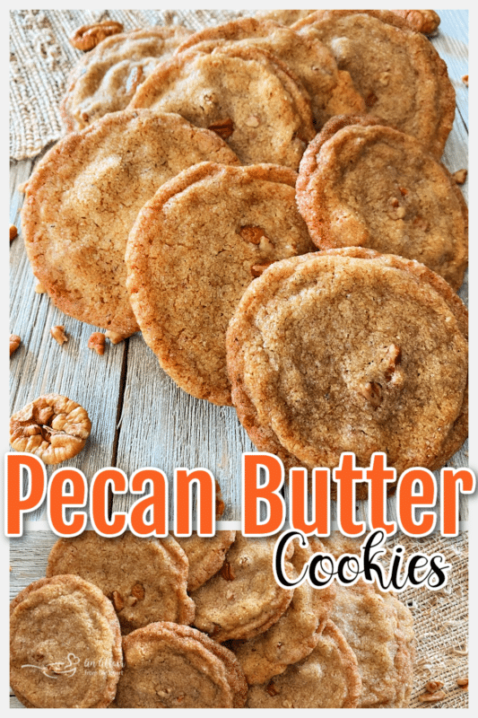 top view of pecan butter cookies with graphic