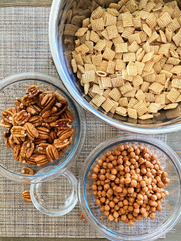 pecans, Chex Mix, caramel bits