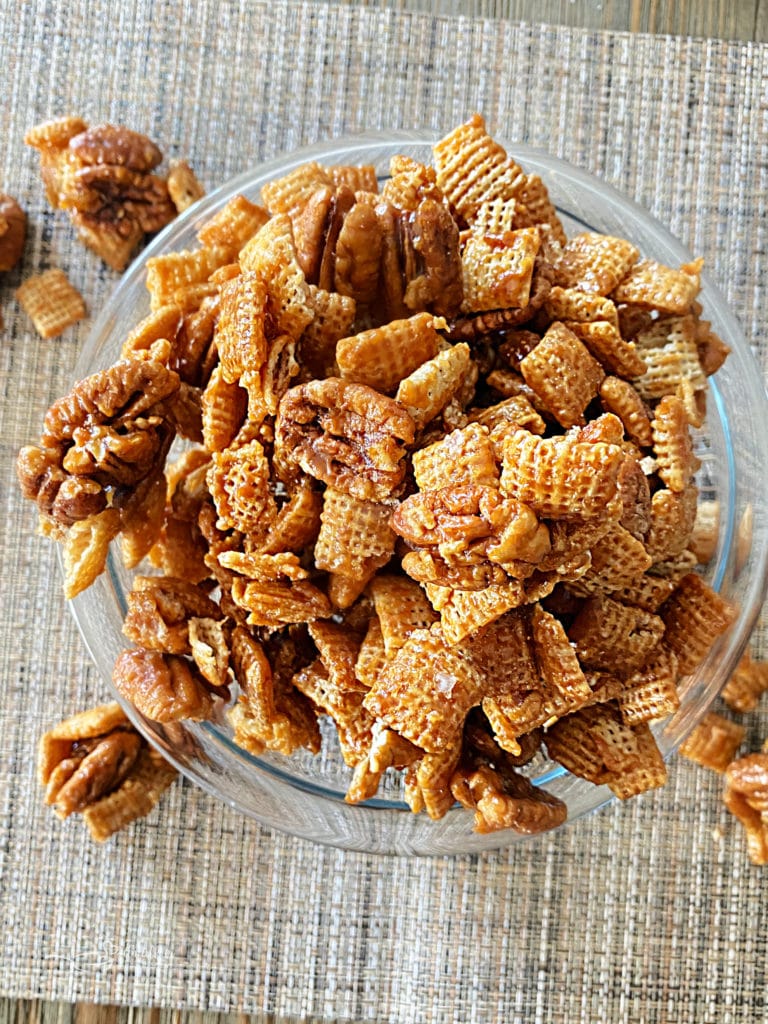 Caramel Pecan Clusters in a clear bowl