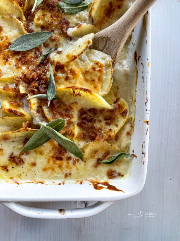 potatoes au gratin in baking dish with spoon
