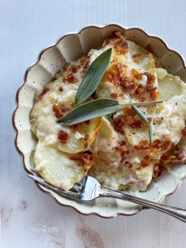 one bowl of potatoes au gratin topped with sage and bacon