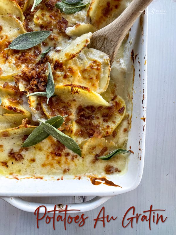 baking dish filled with cheesy potatoes au gratin