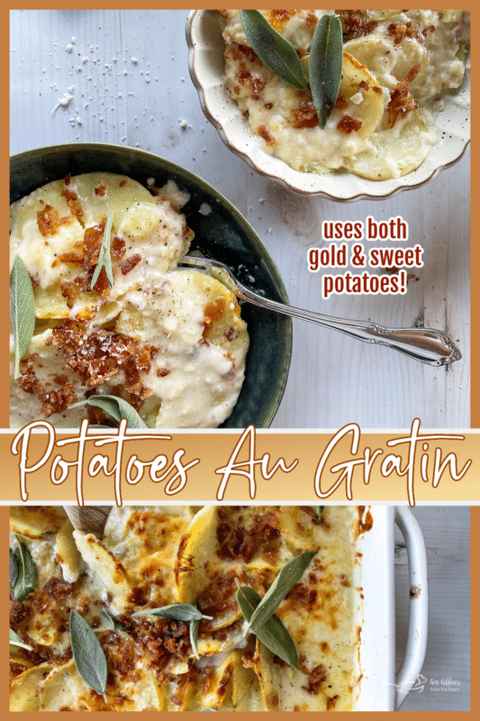 two images of potato au gratin recipes with text
