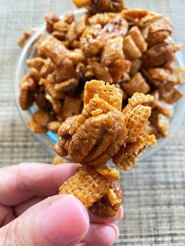 close view of pecan and caramel clusters