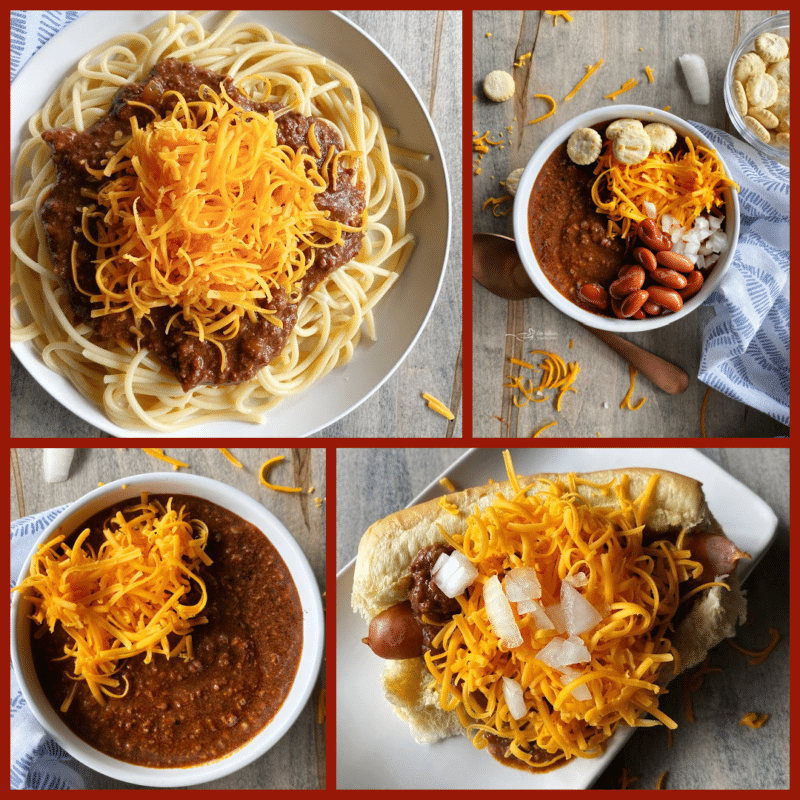 collage displaying various plating options for chili