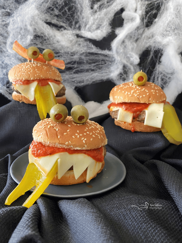 Monster Burgers for Halloween - 3 burgers with black and webbed background