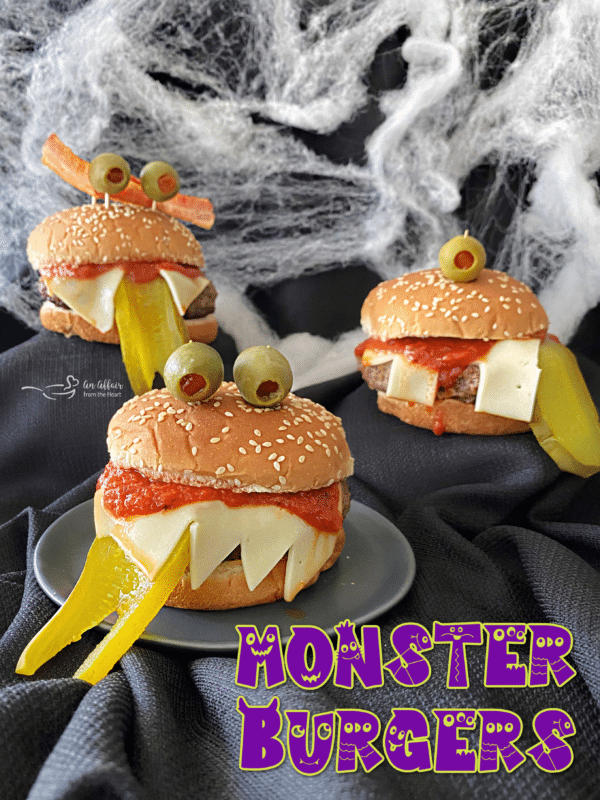Monster Burgers for Halloween - 3 burgers with black and webbed background and title