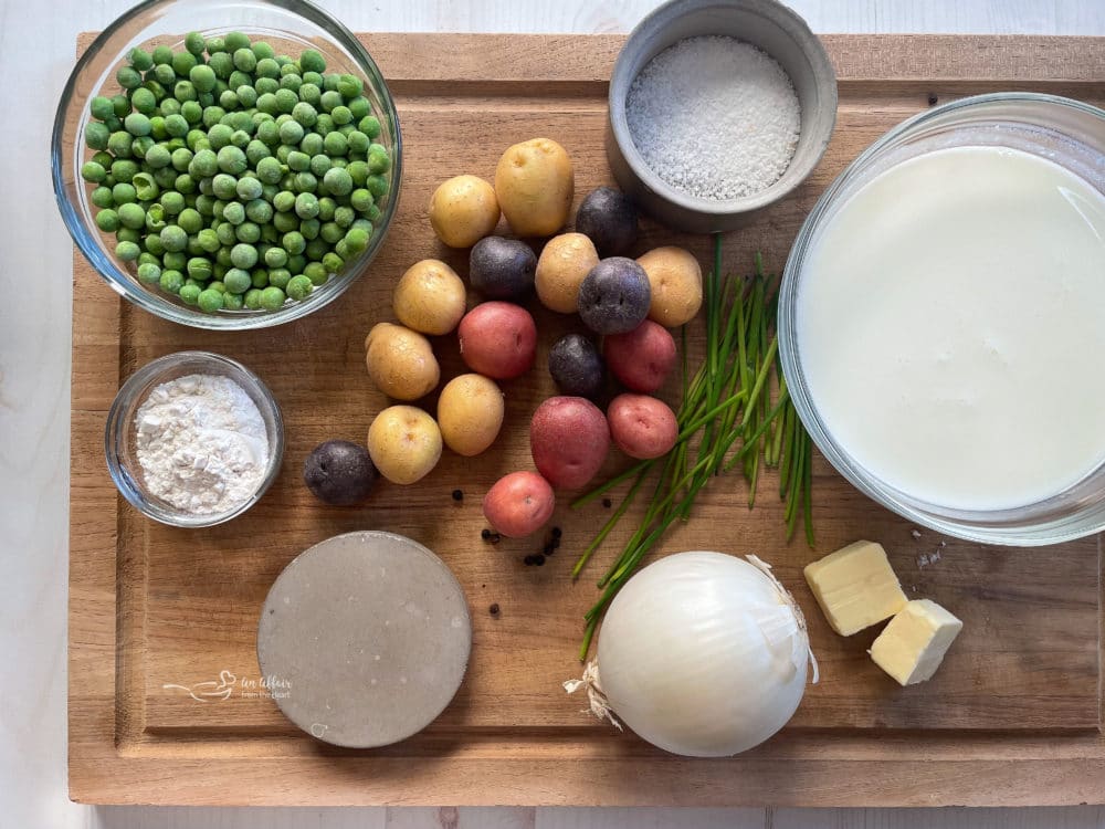 peas, potatoes, salt, milk, onion, butter, flour, chives