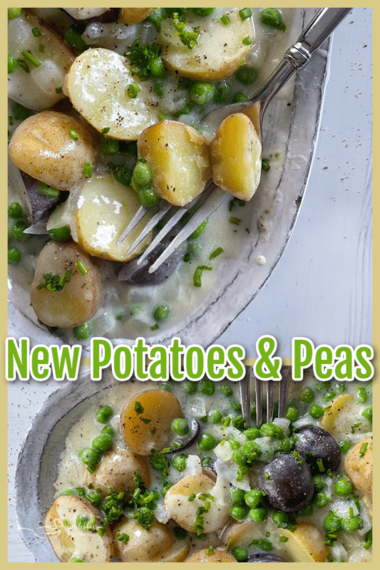 two images of new potatoes and peas with white sauce
