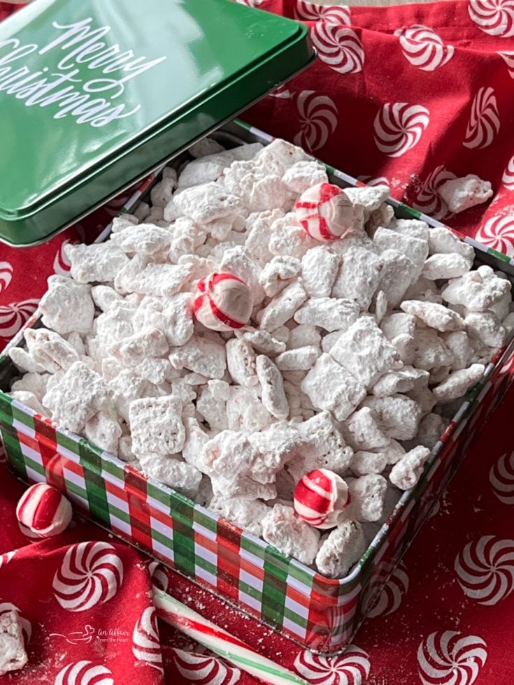 one box of candy cane puppy chow mix with peppermint