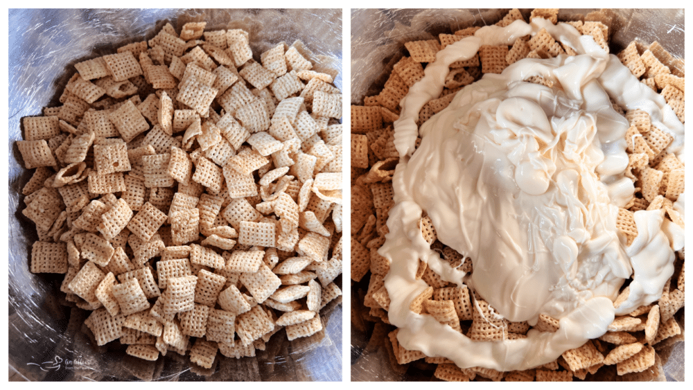 bowl of chex mix with white chocolate 