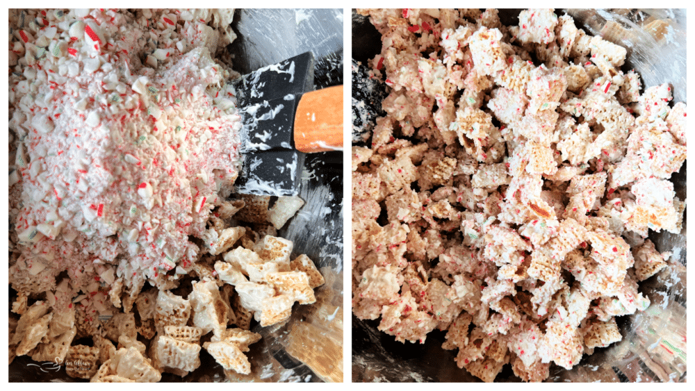 mixing candy cane into puppy chow mixture