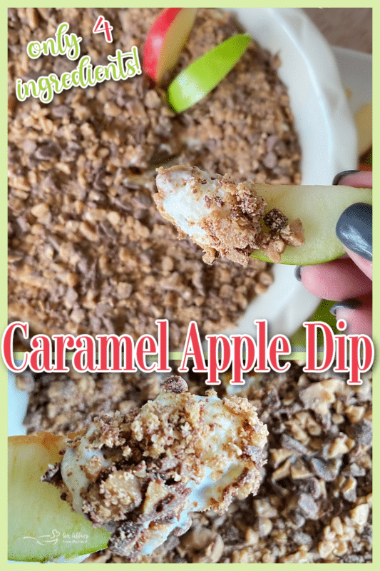 two images of caramel apple dip with apple slices