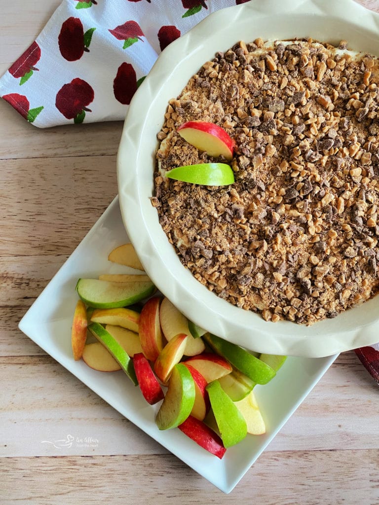 caramel dip with toffee bits and apple slices