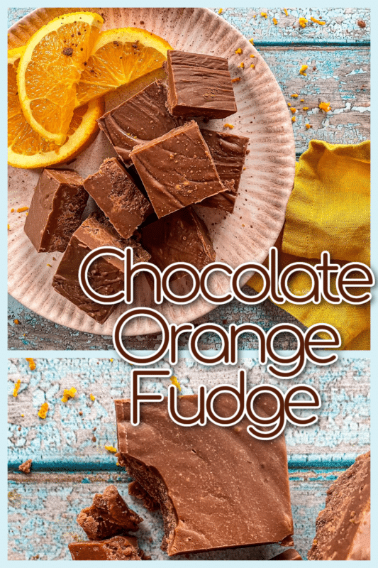 top view of squares of orange fudge with orange slices