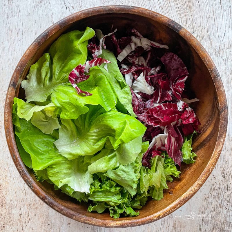 brown bowl with lettuce and radicchio 