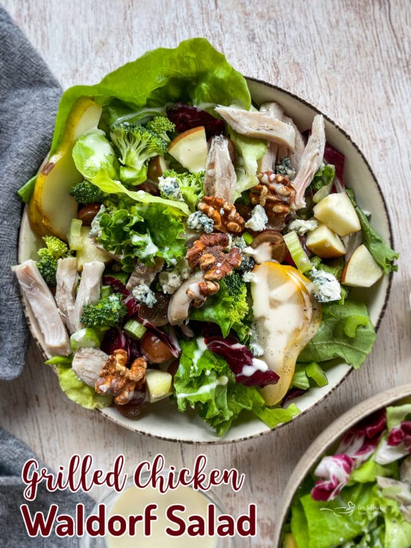 top view of Waldorf salad with chicken in white bowl with walnuts and fruit