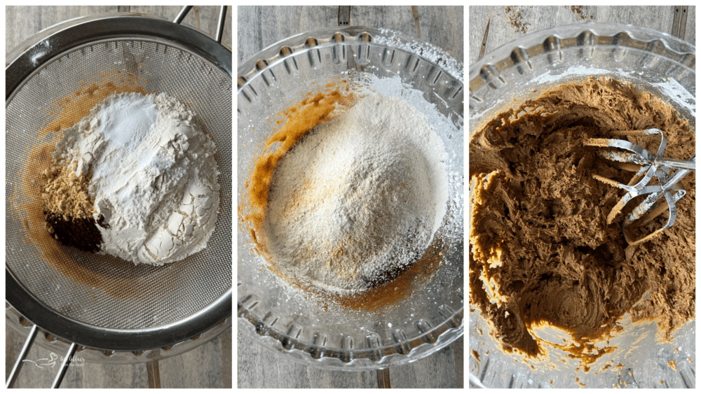 adding flour to molasses mixture and mixing in dough with mixer 