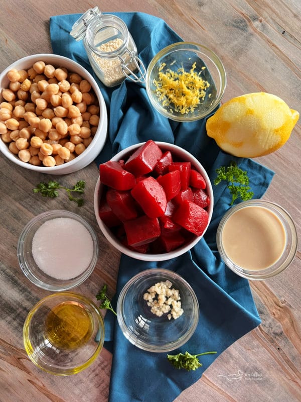 chickpeas, tahini, sesame seeds, lemon, beets, salt, oil, garlic, parsley