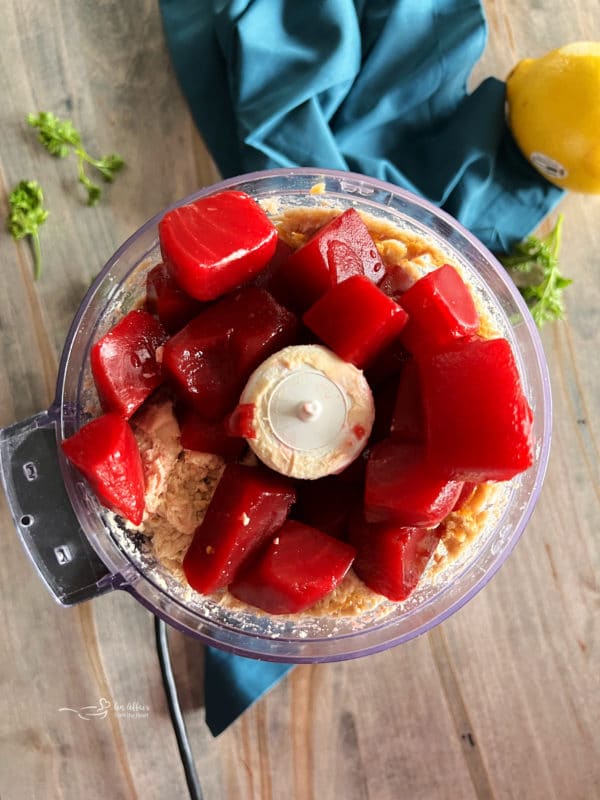 beets added to food processor with chickpeas